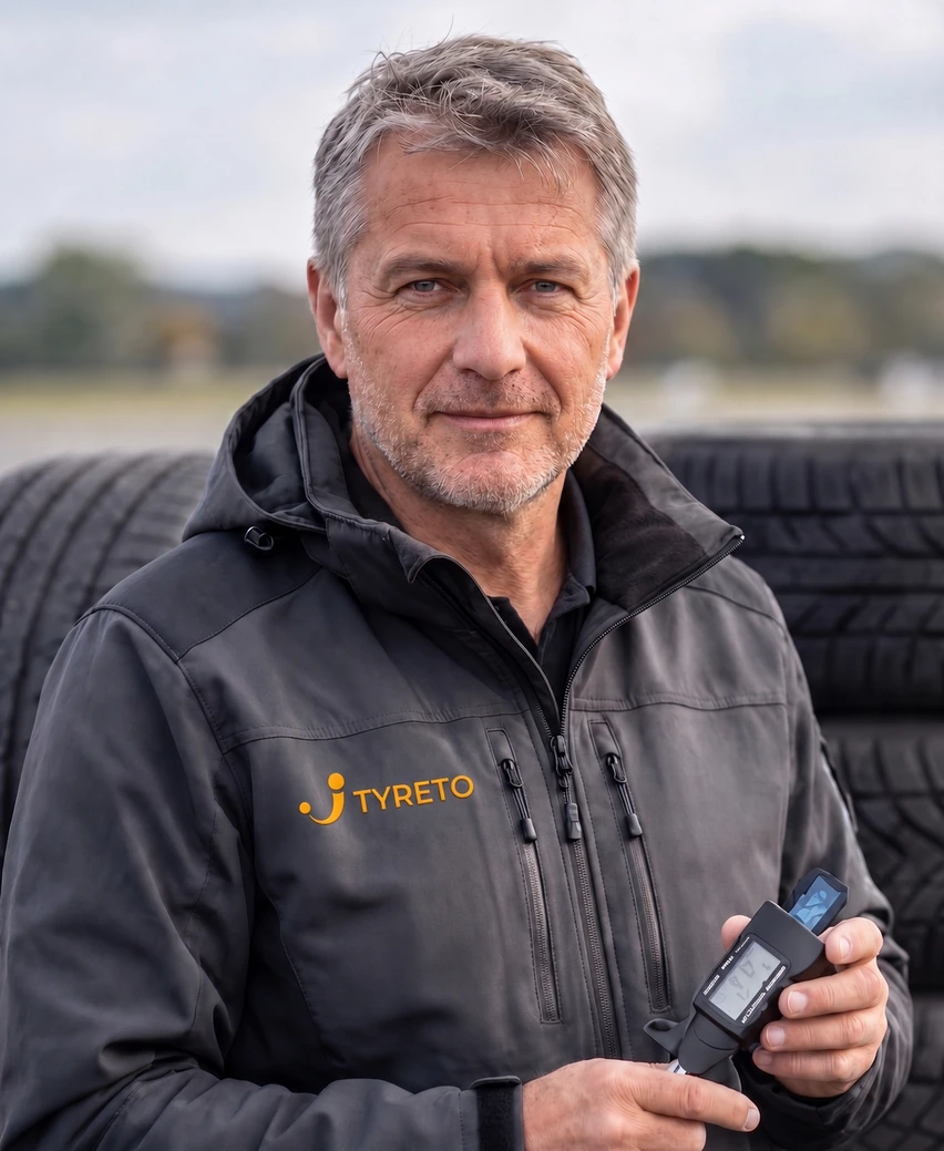 Nezávislé testovanie pneumatík — expert Tyreto s meradlom hĺbky dezénu